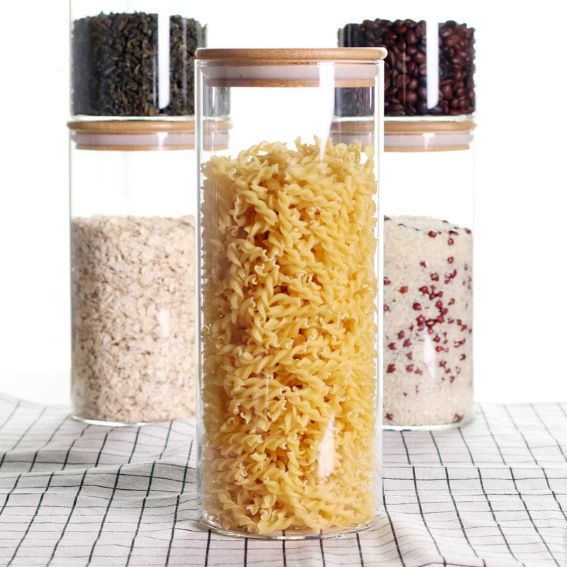 Conjunto de recipientes empilháveis de cozinha, pacote com 5 potes de armazenamento de alimentos de vidro transparente com tampa hermética de bambu para doces, biscoitos, arroz,