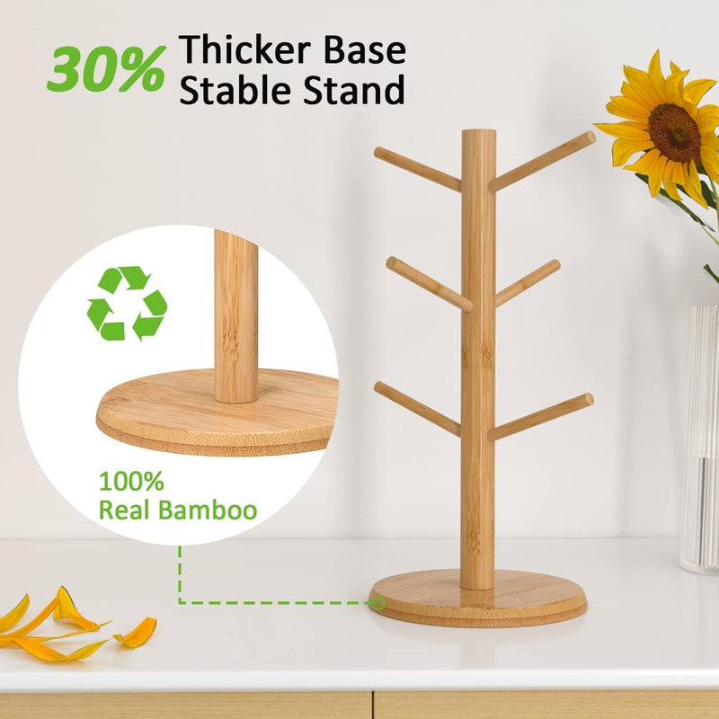 Wisuce Suporte de caneca de café de bambu, base mais grossa, suporte para copo de café, suporte para balcão, suporte para canecas com 6 ganchos (natural)