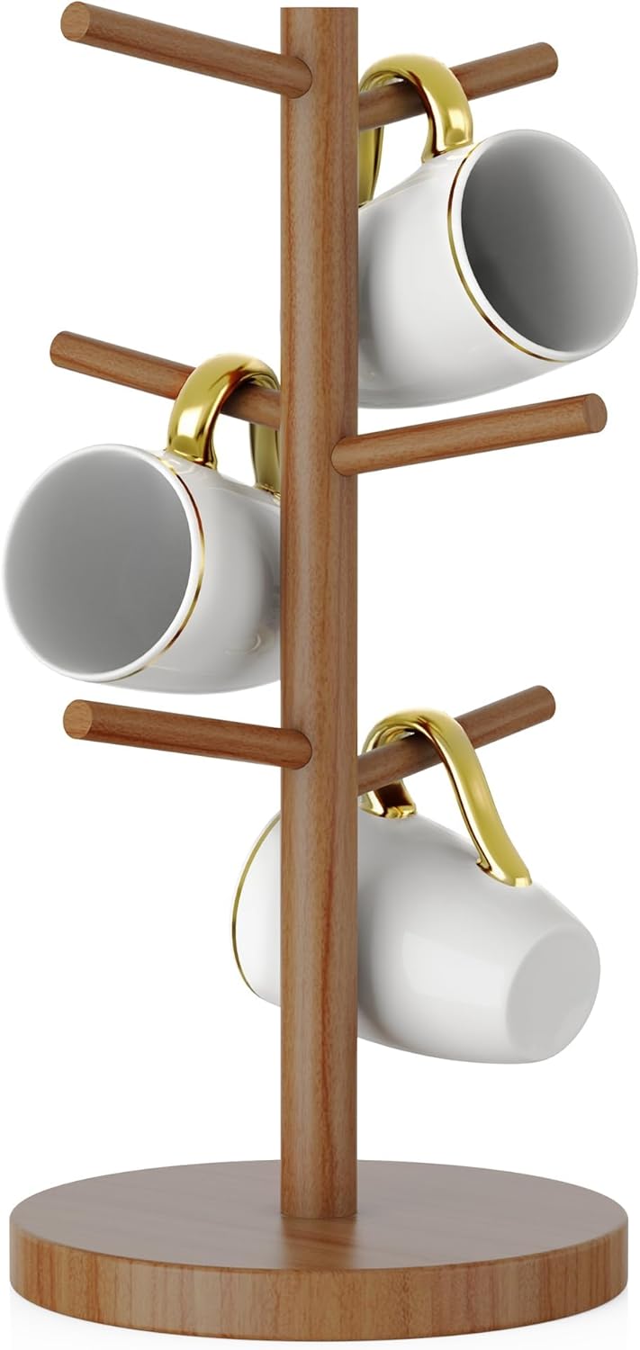 Wisuce Suporte de caneca de café de bambu, base mais grossa, suporte para copo de café, suporte para balcão, suporte para canecas com 6 ganchos (natural)