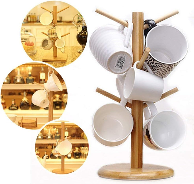 Suporte de caneca, suporte de xícara de café, árvore de caneca de bambu para balcão, secadora de canecas de café com 6 ganchos