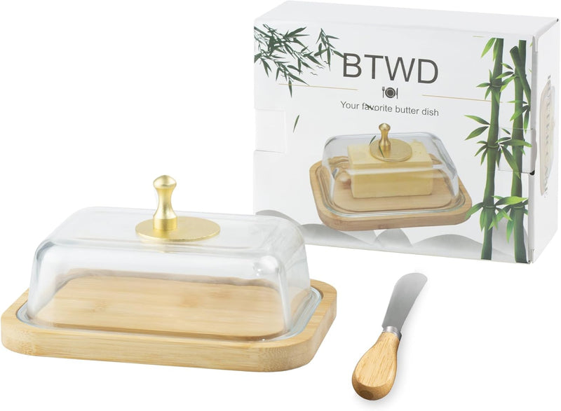 Manteiga grande de vidro com tampa e faca para bancada e geladeira, recipiente de armazenamento de manteiga com alça para geladeira, suporte de manteiga para balcão, bandeja de manteiga de bambu