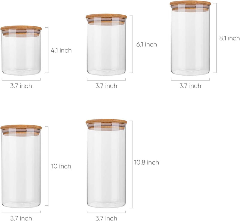 Conjunto de potes de vidro herméticos com tampas de bambu, recipientes de armazenamento de alimentos de vidro – Conjunto de 5 potes de cozinha para açúcar, doces, biscoitos, arroz e potes de