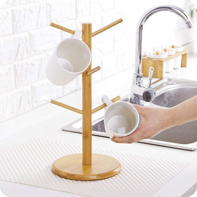 Suporte de caneca, suporte de xícara de café, árvore de caneca de bambu para balcão, secadora de canecas de café com 6 ganchos
