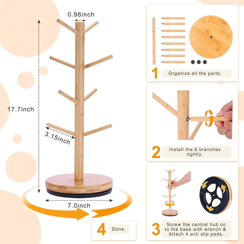 Suporte de caneca de árvore, girado 360° atualizado com 8 ganchos para balcão, suporte de bambu para acessórios de cafeteria