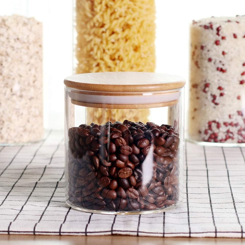 Conjunto de recipientes empilháveis de cozinha, pacote com 5 potes de armazenamento de alimentos de vidro transparente com tampa hermética de bambu para doces, biscoitos, arroz,