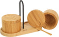 HTB Adega de sal de bambu com mini colher, caixa de sal de cozinha com tampa de fecho magnético giratório, recipiente redondo de sal para armazenamento pimenta tempero banho sal marinho