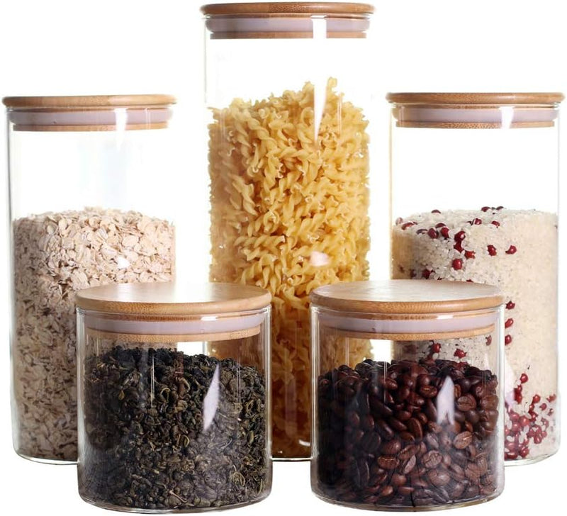 Conjunto de recipientes empilháveis de cozinha, pacote com 5 potes de armazenamento de alimentos de vidro transparente com tampa hermética de bambu para doces, biscoitos, arroz,