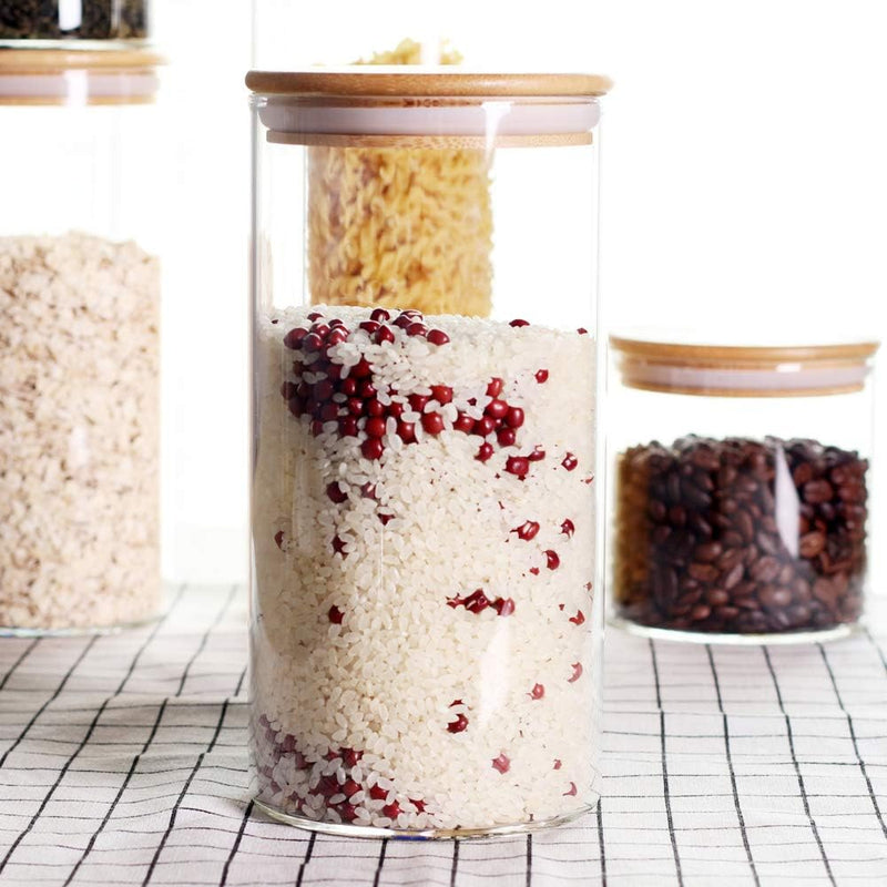 Conjunto de recipientes empilháveis de cozinha, pacote com 5 potes de armazenamento de alimentos de vidro transparente com tampa hermética de bambu para doces, biscoitos, arroz,