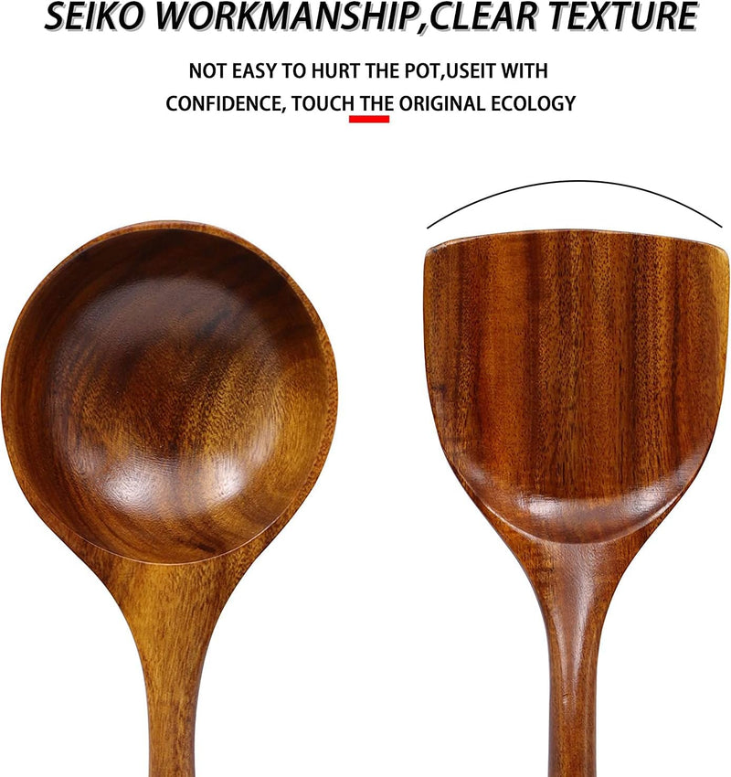 FJNATINH Espátula wok grande de madeira, 33 cm de teca natural, cabo longo, revestido, resina natural, feita à mão para panelas antiaderentes