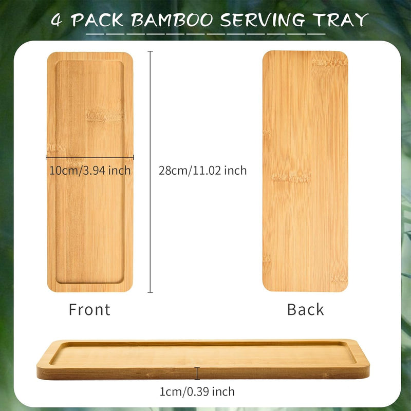 Kit com 4 Bandejas Retangulares de Bambu – Multiuso para Café, Lanches e Decoração