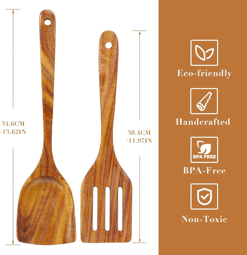 FJNATINH Espátula wok grande de madeira, 33 cm de teca natural, cabo longo, revestido, resina natural, feita à mão para panelas antiaderentes