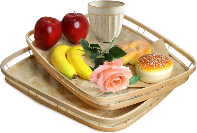 Conjunto com 2 Bandejas de Bambu com Alças – Retangulares para Café, Lanches e Decoração