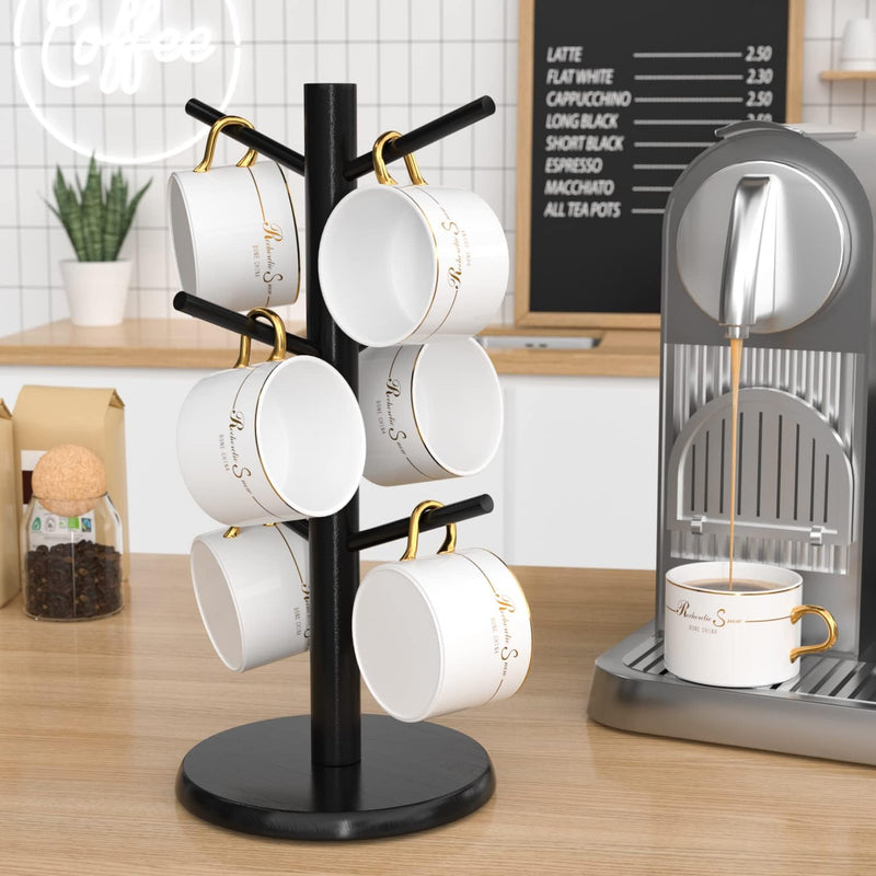 Wisuce Suporte de caneca de café de bambu, base mais grossa, suporte para copo de café, suporte para balcão, suporte para canecas com 6 ganchos (natural)