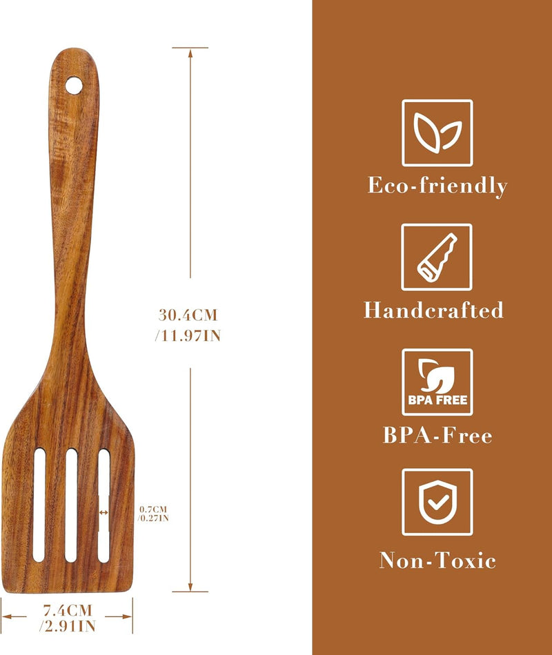 FJNATINH Espátula wok grande de madeira, 33 cm de teca natural, cabo longo, revestido, resina natural, feita à mão para panelas antiaderentes