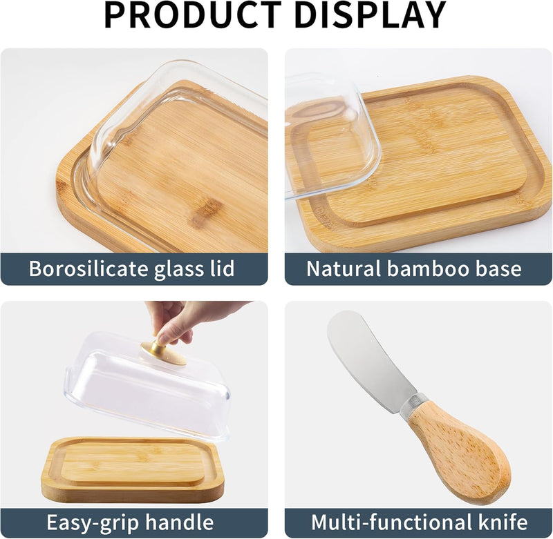 Manteiga grande de vidro com tampa e faca para bancada e geladeira, recipiente de armazenamento de manteiga com alça para geladeira, suporte de manteiga para balcão, bandeja de manteiga de bambu