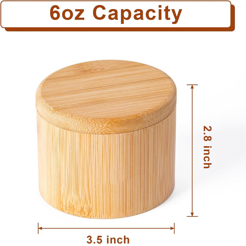 Saleiro de bambu, caixa de sal com tampa magnética giratória, caixa de temperos com colher, recipiente de sal redondo para armazenar sal, pimenta, açúcar, ervas, capacidade de 170 g