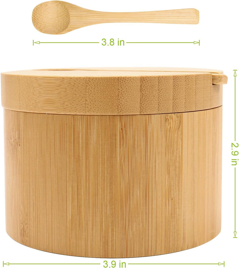 HTB Adega de sal de bambu com mini colher, caixa de sal de cozinha com tampa de fecho magnético giratório, recipiente redondo de sal para armazenamento pimenta tempero banho sal marinho