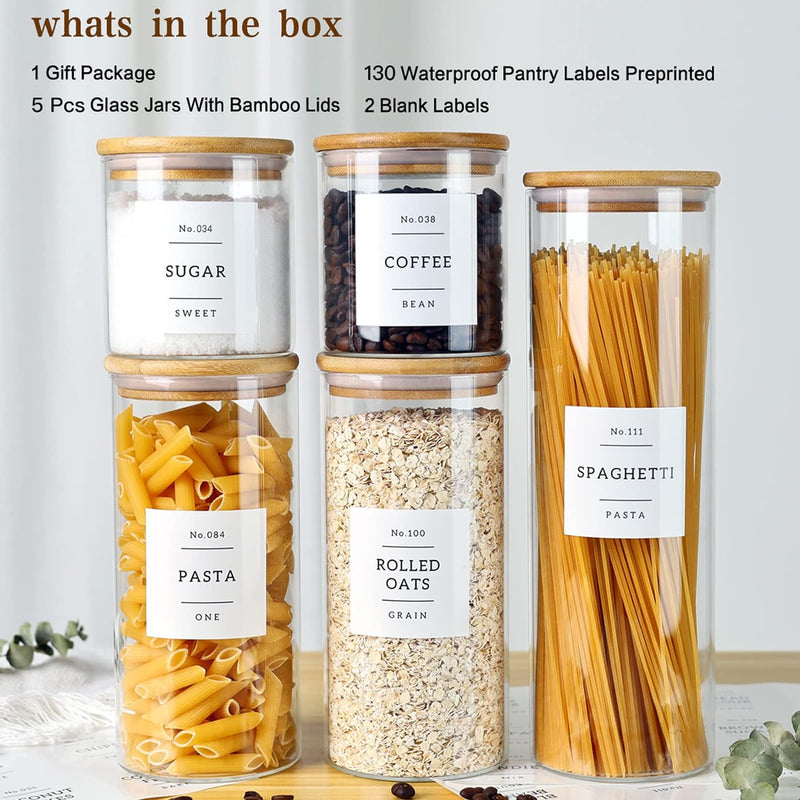Pacote com 5 frascos de vidro com tampas herméticas de bambu - Recipientes empilháveis de armazenamento de alimentos com 132 etiquetas de despensa - com tampa de madeira para doces,