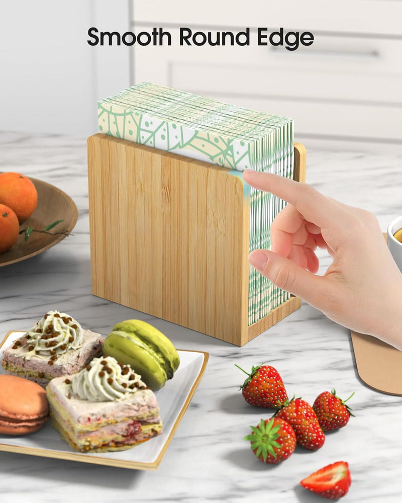 MaxGear Porta-guardanapos de bambu para mesas, dispensador de lenços de mesa independente de madeira para cozinha, sala de jantar, festa, ao ar livre, comporta guardanapos de 14 x 14 cm ou maiores