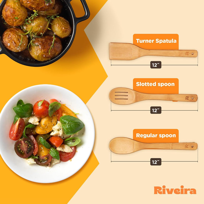 Riveira Colheres de cozinha de bambu com 6 peças – Conjunto de utensílios de cozinha de madeira com colheres de madeira para cozinhar e espátulas, conjuntos de utensílios de madeira – Conjunto de