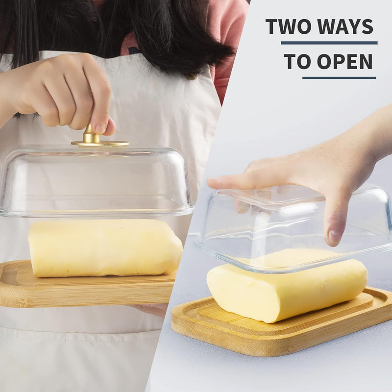 Manteiga grande de vidro com tampa e faca para bancada e geladeira, recipiente de armazenamento de manteiga com alça para geladeira, suporte de manteiga para balcão, bandeja de manteiga de bambu