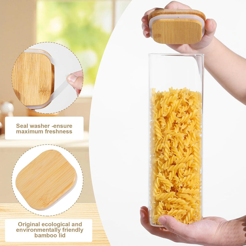 Frascos de vidro para armazenamento de alimentos com tampas (680 g/1,048 g/1,417 g), conjunto quadrado de 6, recipientes de armazenamento de vidro transparente para alimentos com tampa de bambu