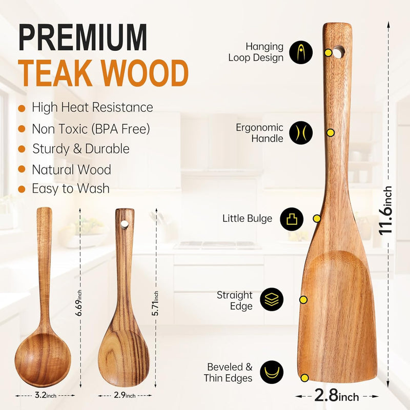 Conjunto de utensílios de cozinha de madeira teca natural de 9 peças com descanso de colher - Suporte de colheres e utensílios de cozinha com aderência confortável