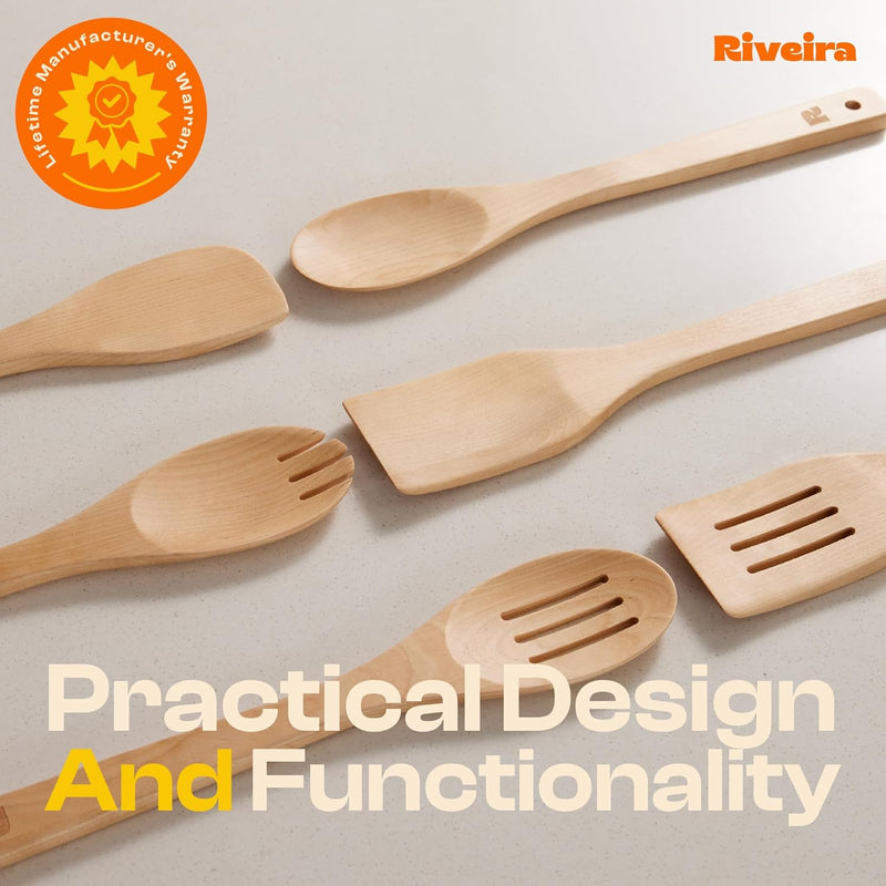 Riveira Colheres de cozinha de bambu com 6 peças – Conjunto de utensílios de cozinha de madeira com colheres de madeira para cozinhar e espátulas, conjuntos de utensílios de madeira – Conjunto de