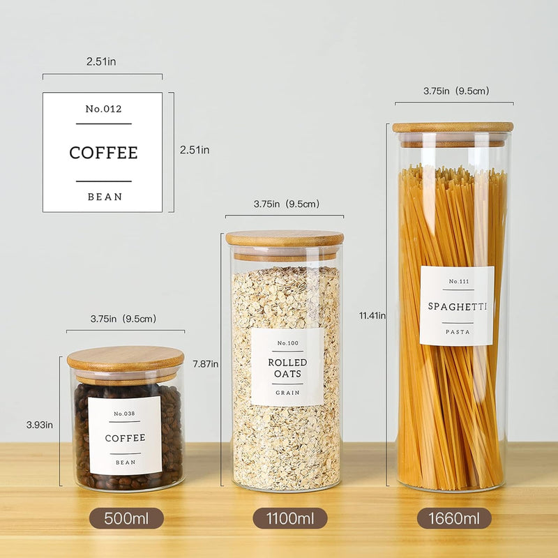Pacote com 5 frascos de vidro com tampas herméticas de bambu - Recipientes empilháveis de armazenamento de alimentos com 132 etiquetas de despensa - com tampa de madeira para doces,