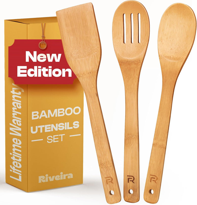 Riveira Colheres de cozinha de bambu com 6 peças – Conjunto de utensílios de cozinha de madeira com colheres de madeira para cozinhar e espátulas, conjuntos de utensílios de madeira – Conjunto de