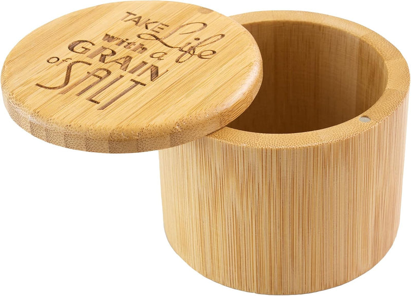Totally Bamboo Caixa de armazenamento de bambu Salt Cellar com tampa giratória magnética, capacidade de 170 g, gravação "Take Life with a Grain of Salt" gravado na tampa