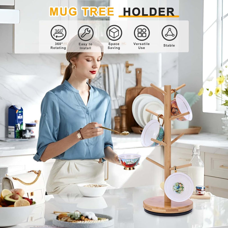Suporte de caneca de árvore, girado 360° atualizado com 8 ganchos para balcão, suporte de bambu para acessórios de cafeteria