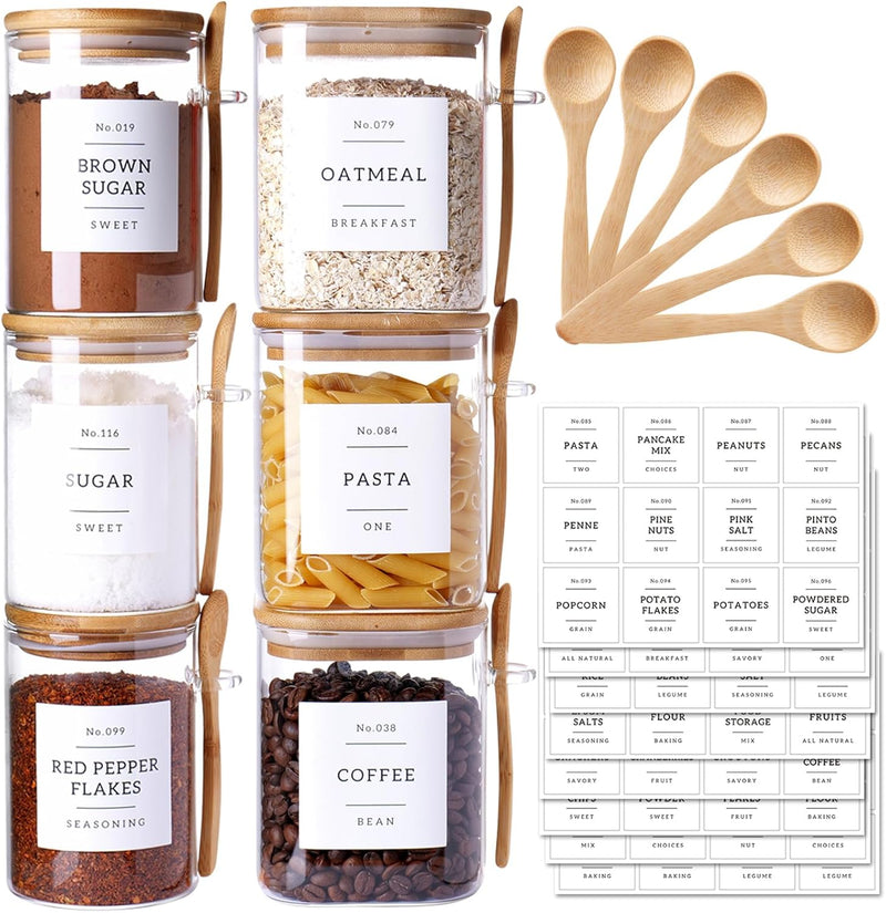Pacote com 5 frascos de vidro com tampas herméticas de bambu - Recipientes empilháveis de armazenamento de alimentos com 132 etiquetas de despensa - com tampa de madeira para doces,