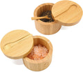 HTB Adega de sal de bambu com mini colher, caixa de sal de cozinha com tampa de fecho magnético giratório, recipiente redondo de sal para armazenamento pimenta tempero banho sal marinho