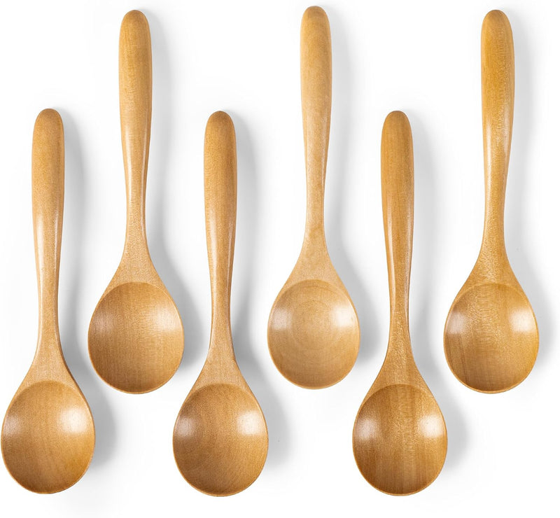 6 colheres de madeira para mel, colheres de madeira pequenas de 17 cm - Ótimo para chá, café e sopa, conjunto de colheres de mesa de servir de madeira, colher de chá de bambu a granel para