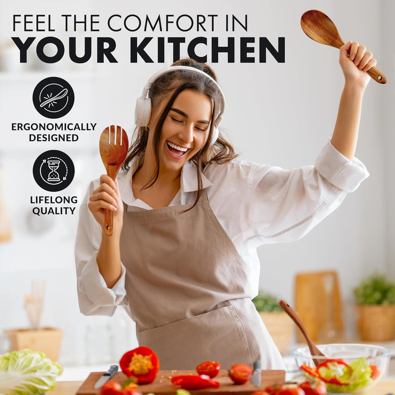 Zulay Kitchen Conjunto de colheres de madeira de 6 peças – Utensílios de teca macios resistentes ao calor com aderência confortável – leve e durável – fácil de limpar, perfeito para panelas