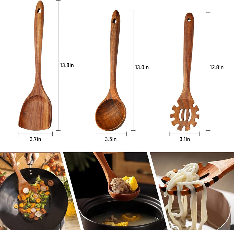 FJNATINH Espátula wok grande de madeira, 33 cm de teca natural, cabo longo, revestido, resina natural, feita à mão para panelas antiaderentes