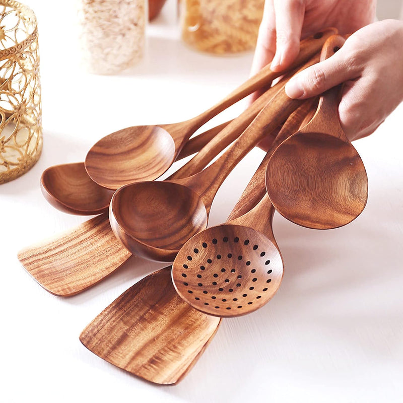FJNATINH Espátula wok grande de madeira, 33 cm de teca natural, cabo longo, revestido, resina natural, feita à mão para panelas antiaderentes