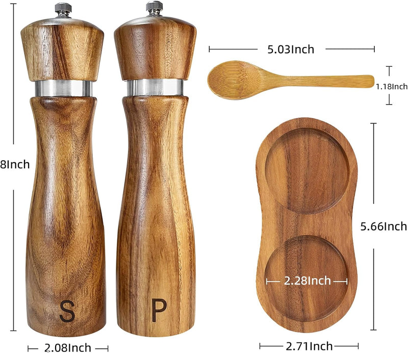 Conjunto de moedor de sal e pimenta de madeira: manual do moedor de pimenta, grossura ajustável, feito de madeira de acácia com núcleo de cerâmica/aço inoxidável | juntamente com bandeja de moedor de