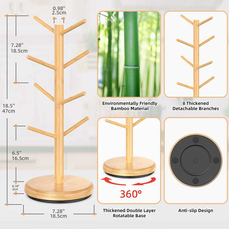 BAMBANG Suporte de caneca de árvore, rotação de 360°, 8 ganchos, suporte de copo de café para bancada, suporte de bambu para cozinha, bancada, casa, natural