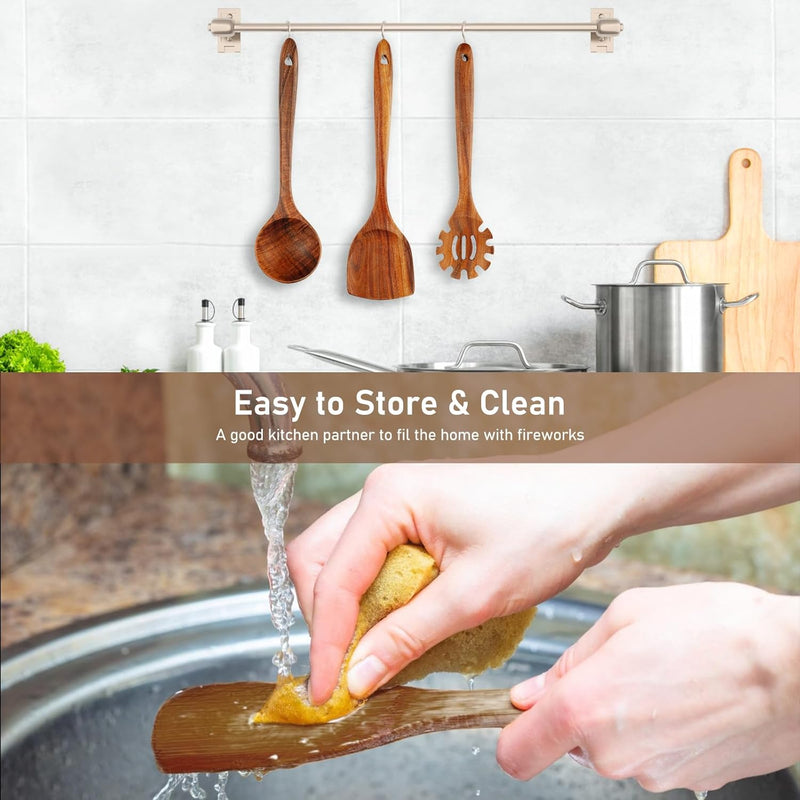 FJNATINH Espátula wok grande de madeira, 33 cm de teca natural, cabo longo, revestido, resina natural, feita à mão para panelas antiaderentes