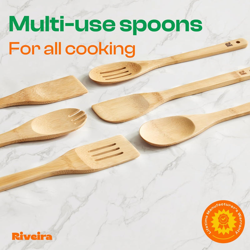 Riveira Colheres de cozinha de bambu com 6 peças – Conjunto de utensílios de cozinha de madeira com colheres de madeira para cozinhar e espátulas, conjuntos de utensílios de madeira – Conjunto de