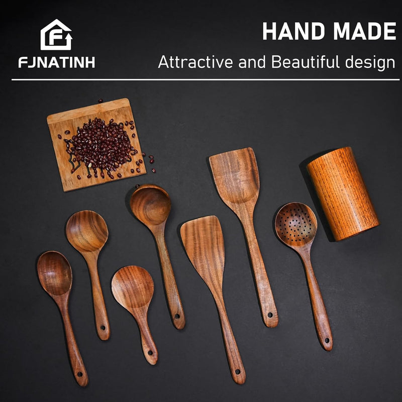 FJNATINH Espátula wok grande de madeira, 33 cm de teca natural, cabo longo, revestido, resina natural, feita à mão para panelas antiaderentes