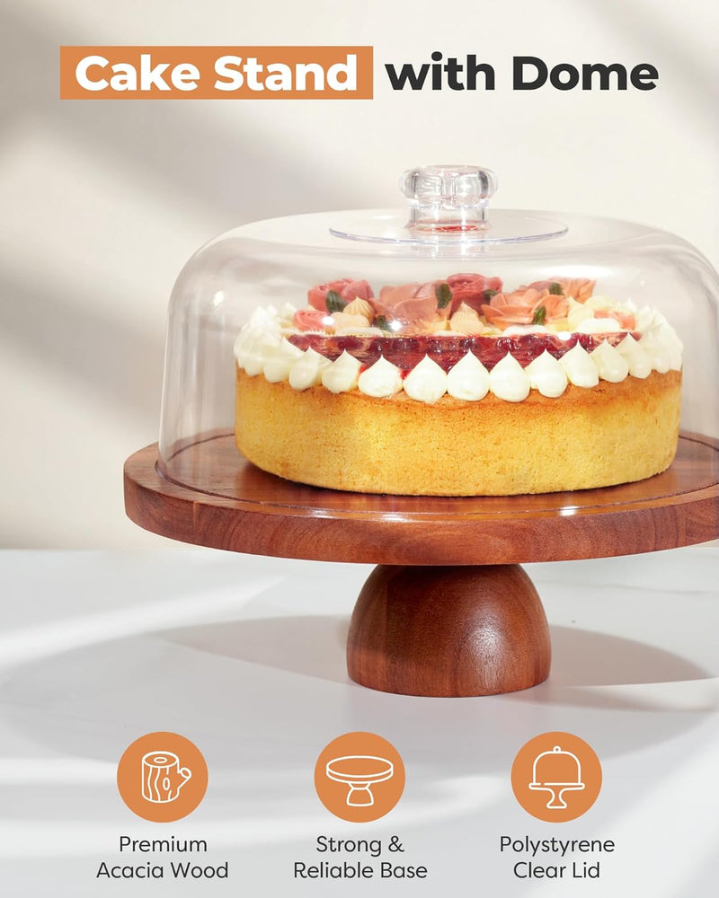 Kootek Suporte de bolo de madeira com tampa, prato de bolo de madeira 2 em 1 e tábua de charcutaria coberta, suporte de exibição de sobremesa para bolo com pé com tampa de cúpula para casamentos