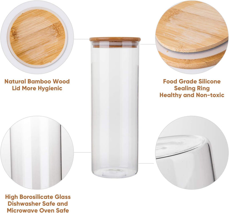 Conjunto de potes de vidro herméticos com tampas de bambu, recipientes de armazenamento de alimentos de vidro – Conjunto de 5 potes de cozinha para açúcar, doces, biscoitos, arroz e potes de
