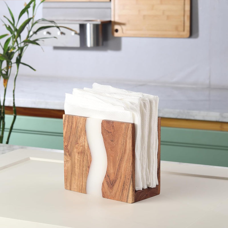 Porta-guardanapos de madeira de acácia e resina epóxi transparente para mesa, organização de guardanapo de casa de fazenda rústica para cozinha, jantar, bancadas, restaurante ou ao ar livre |