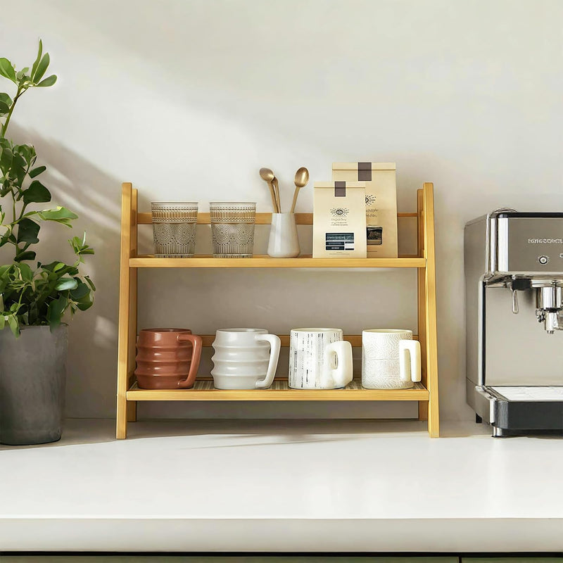 Organizador de estação de café com aparência de vime, suporte de caneca de bambu, prateleira de balcão de cozinha para acessórios de chá e café, suporte de matcha, expositor de xícara, rack