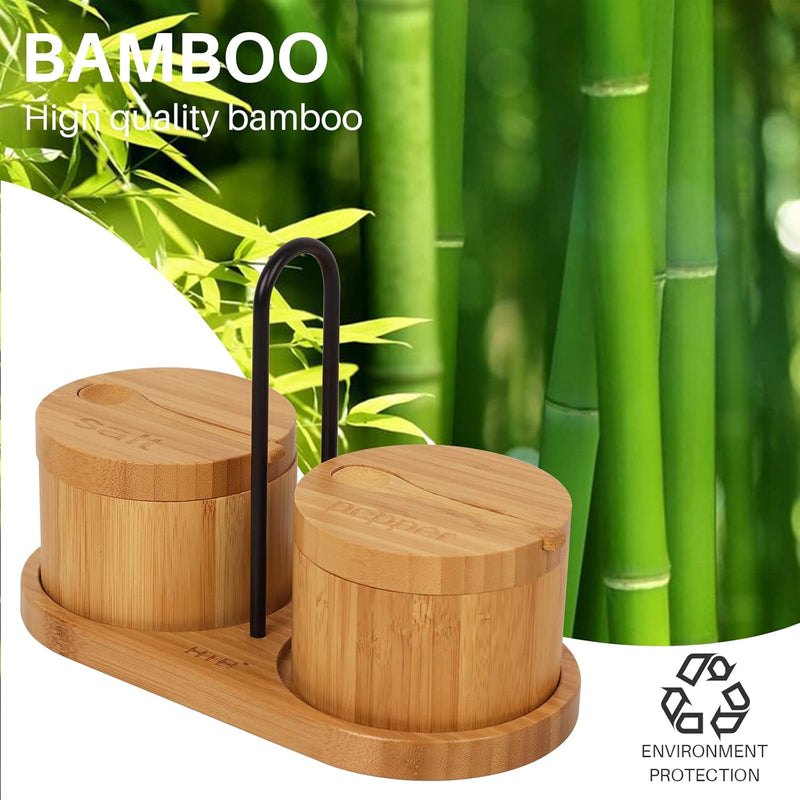 HTB Adega de sal de bambu com mini colher, caixa de sal de cozinha com tampa de fecho magnético giratório, recipiente redondo de sal para armazenamento pimenta tempero banho sal marinho