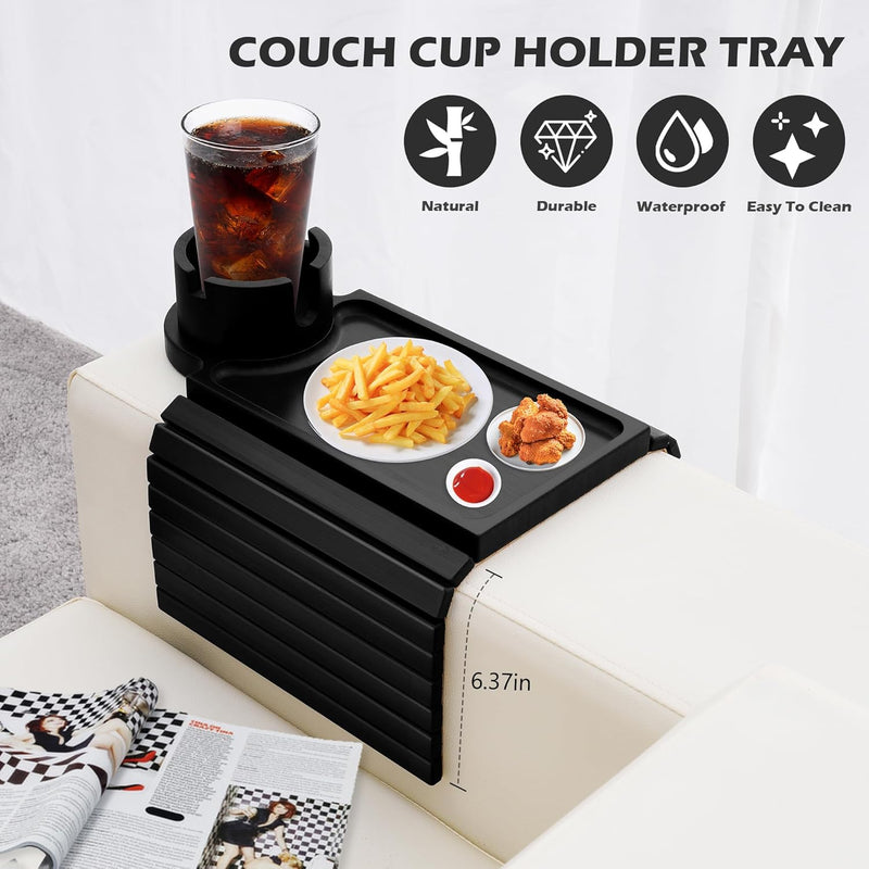 BAMBOOTRAY Bandeja de suporte de copo de sofá, mesa de braço de sofá 3 em 1, grande 48 x 33 cm, mesa lateral de bambu com clipe de sofá com suporte de copo de 360° para sofá, organizador