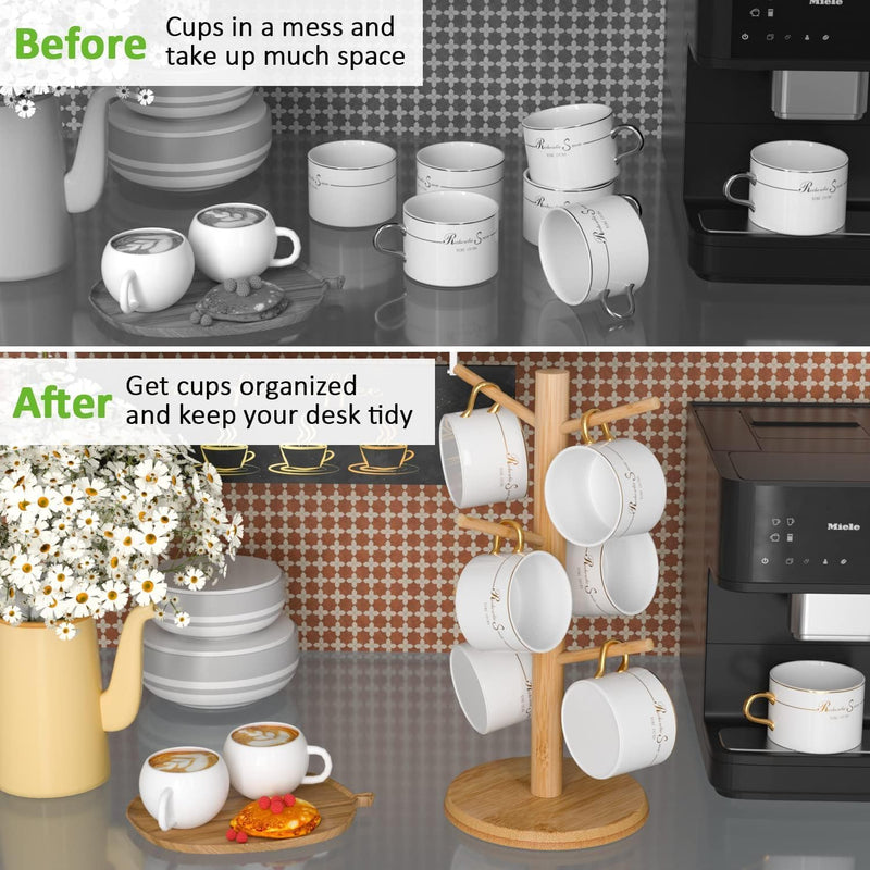 Wisuce Suporte de caneca de café de bambu, base mais grossa, suporte para copo de café, suporte para balcão, suporte para canecas com 6 ganchos (natural)